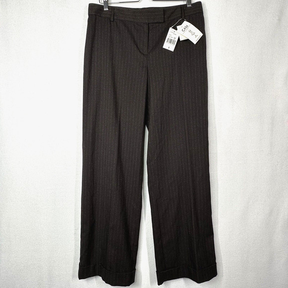 CAbi Pants - Cabi Trouser Pants 12 Brown Cuffed Wide Leg Pinstripe Career Workwear Slacks NEW